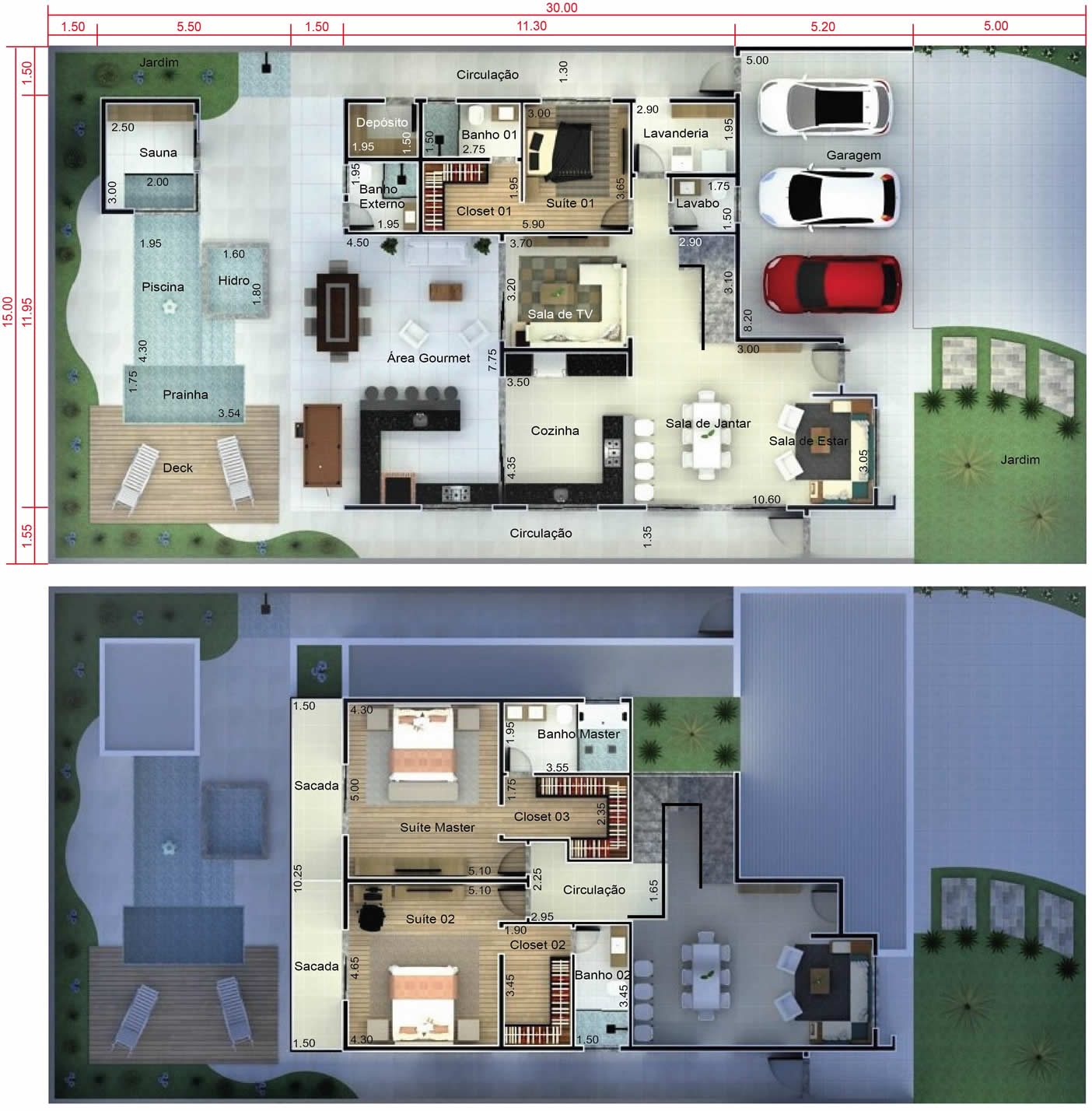 Project with 3 parking spaces in the garage15x30