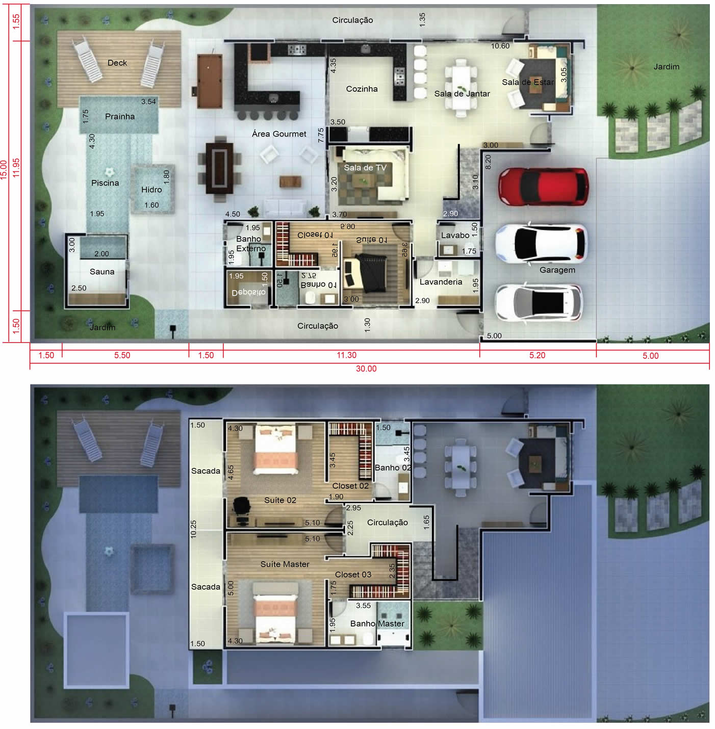 Project with 3 parking spaces in the garage15x30