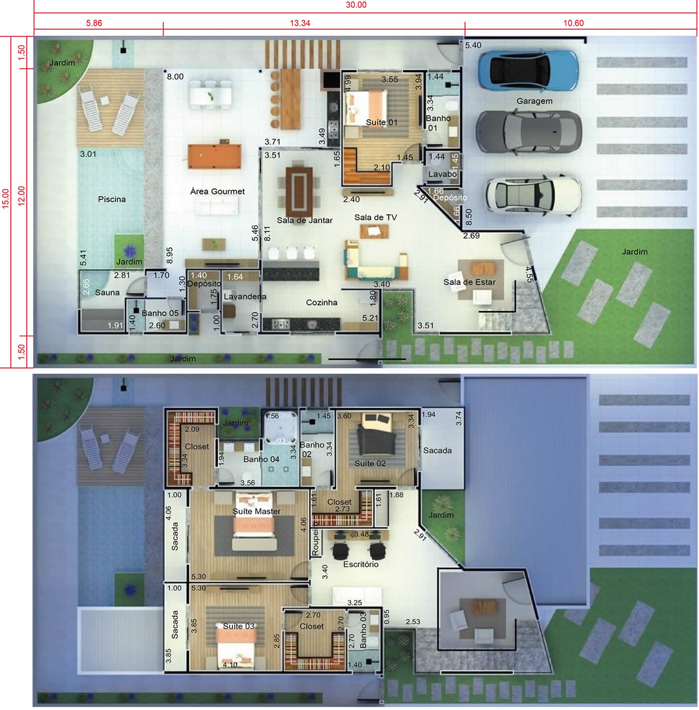 Modern sobrado project with 4 suites15x30
