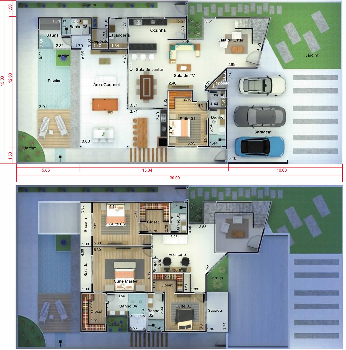 Modern sobrado project with 4 suites15x30