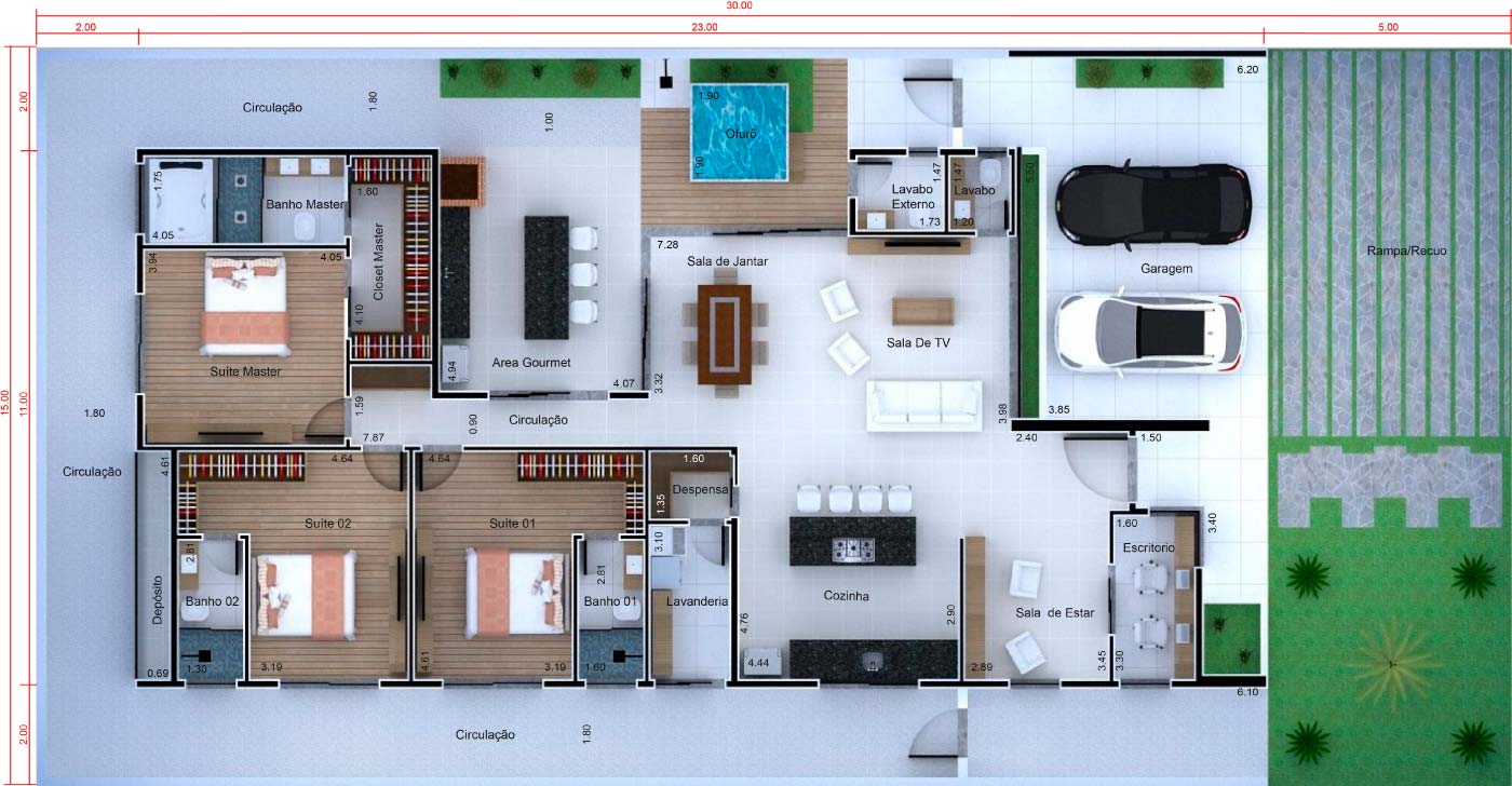 Project of one storey house with 3 suites15x30
