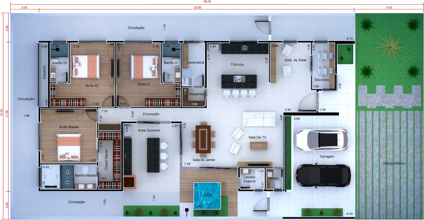 Project of one storey house with 3 suites15x30