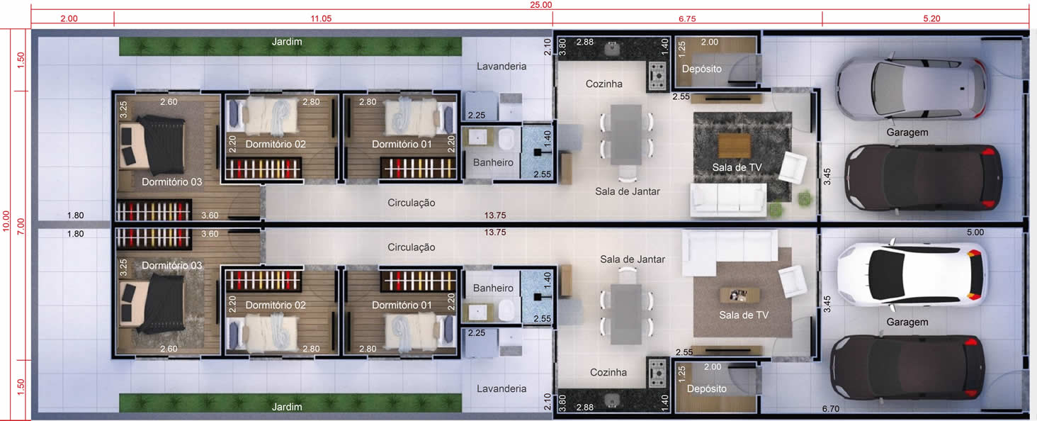 Floor plan with 3 bedrooms10x25