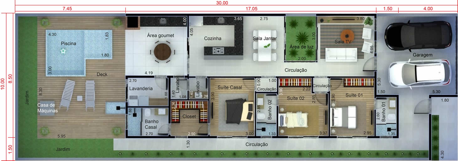 Single storey house plan with roof sight10x30