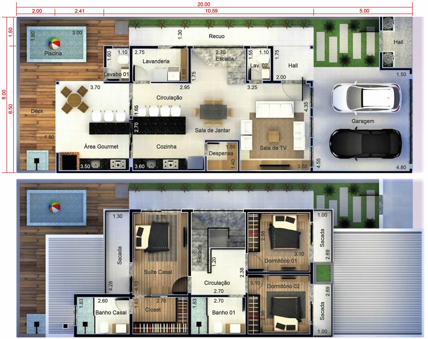 Floor plan with 2 bedrooms and 1 suite8x20