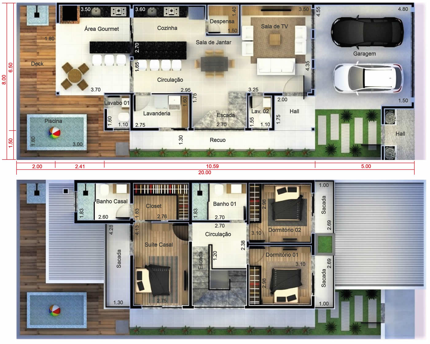 Floor plan with 2 bedrooms and 1 suite8x20