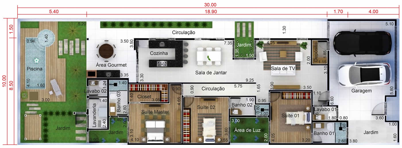 Floor plan with 3 bedrooms10x30