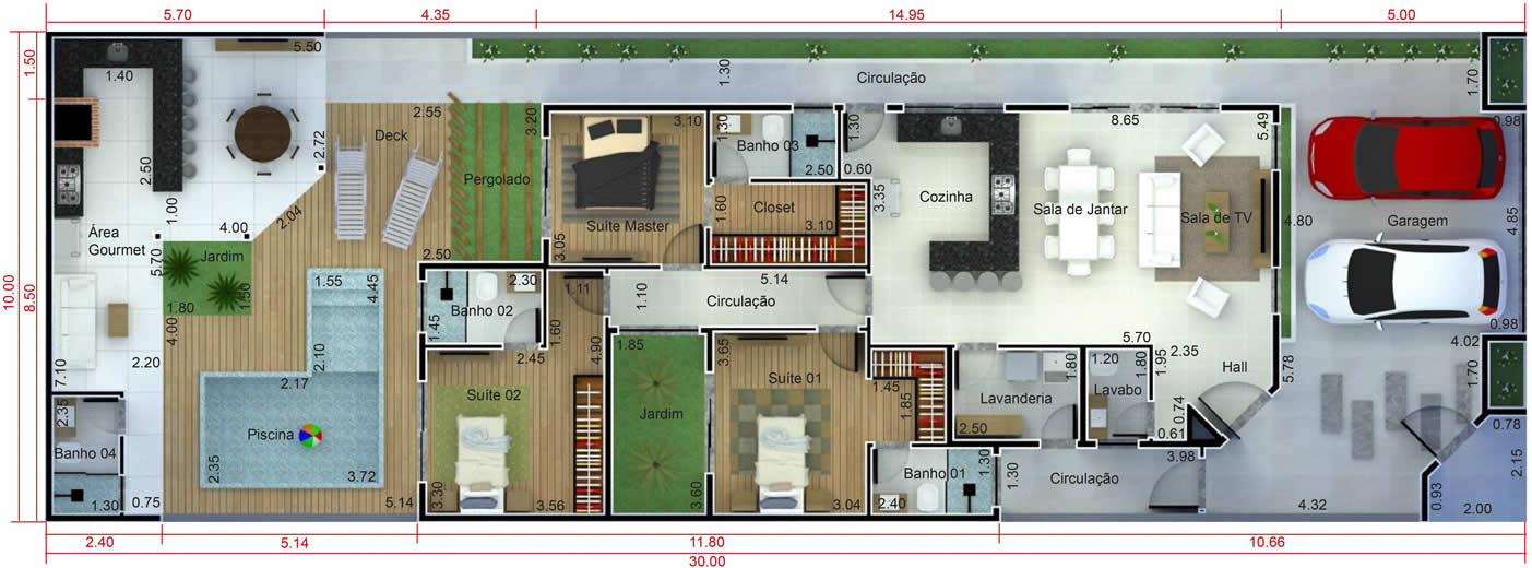 Single storey house plan with building plot10x30