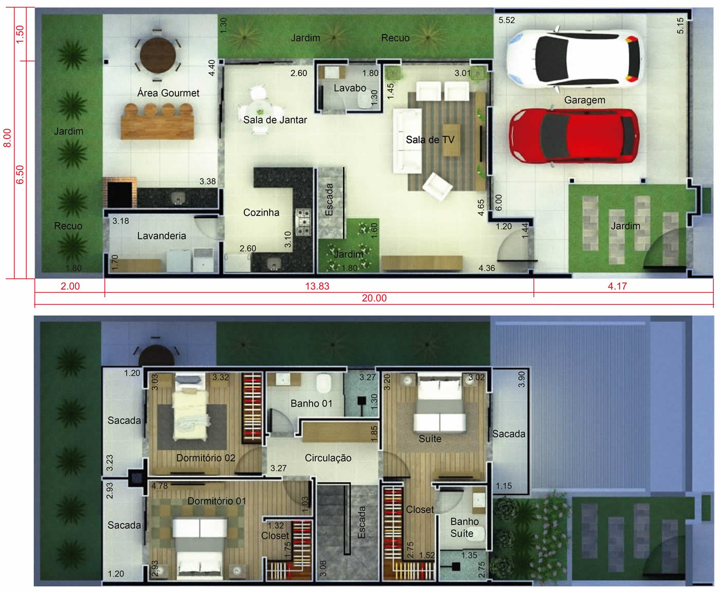 House plan with 3 bedrooms with balcony8x20
