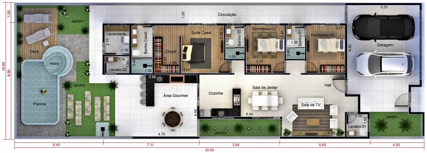 House plan with 3 bedrooms and closet10x30