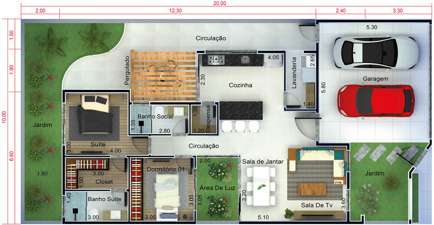 Modern house plan with 2 bedrooms10x20