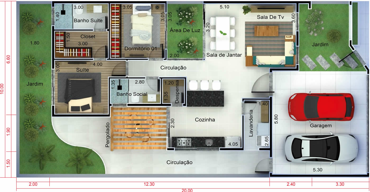 Modern house plan with 2 bedrooms10x20