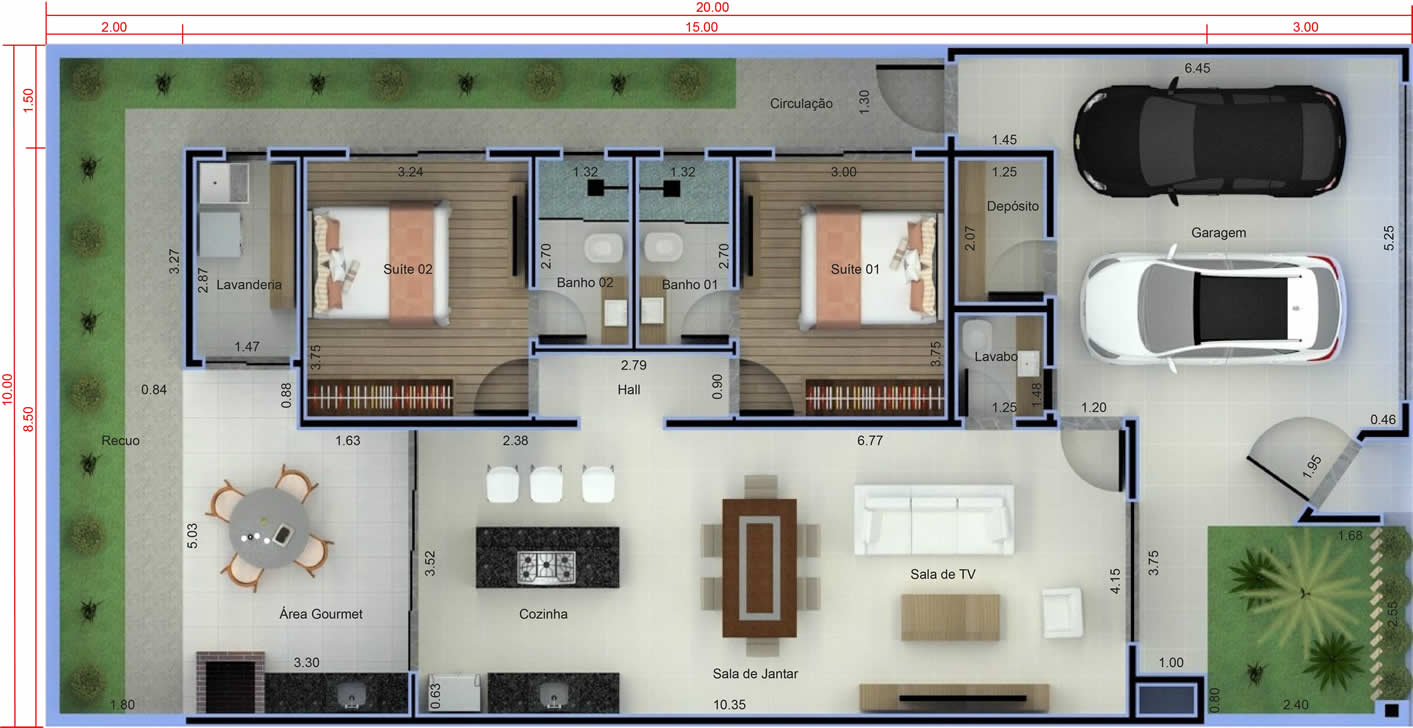 House plan with 2 bedrooms and gourmet area10x20
