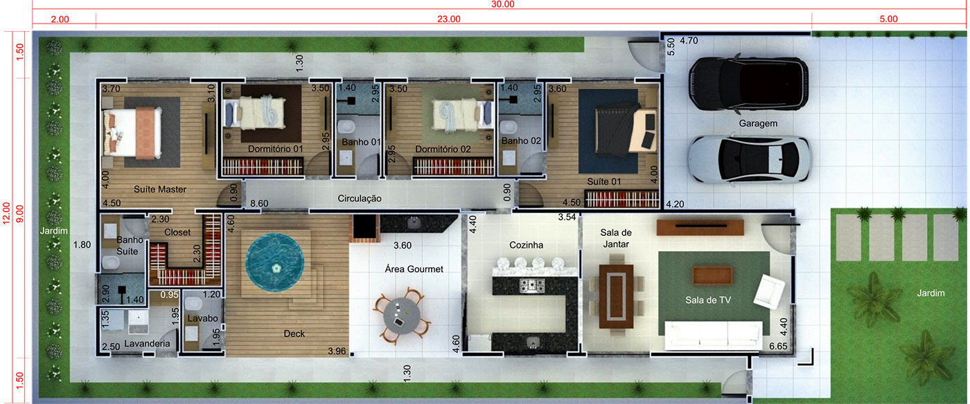 Modern house plan with 4 bedrooms12x30