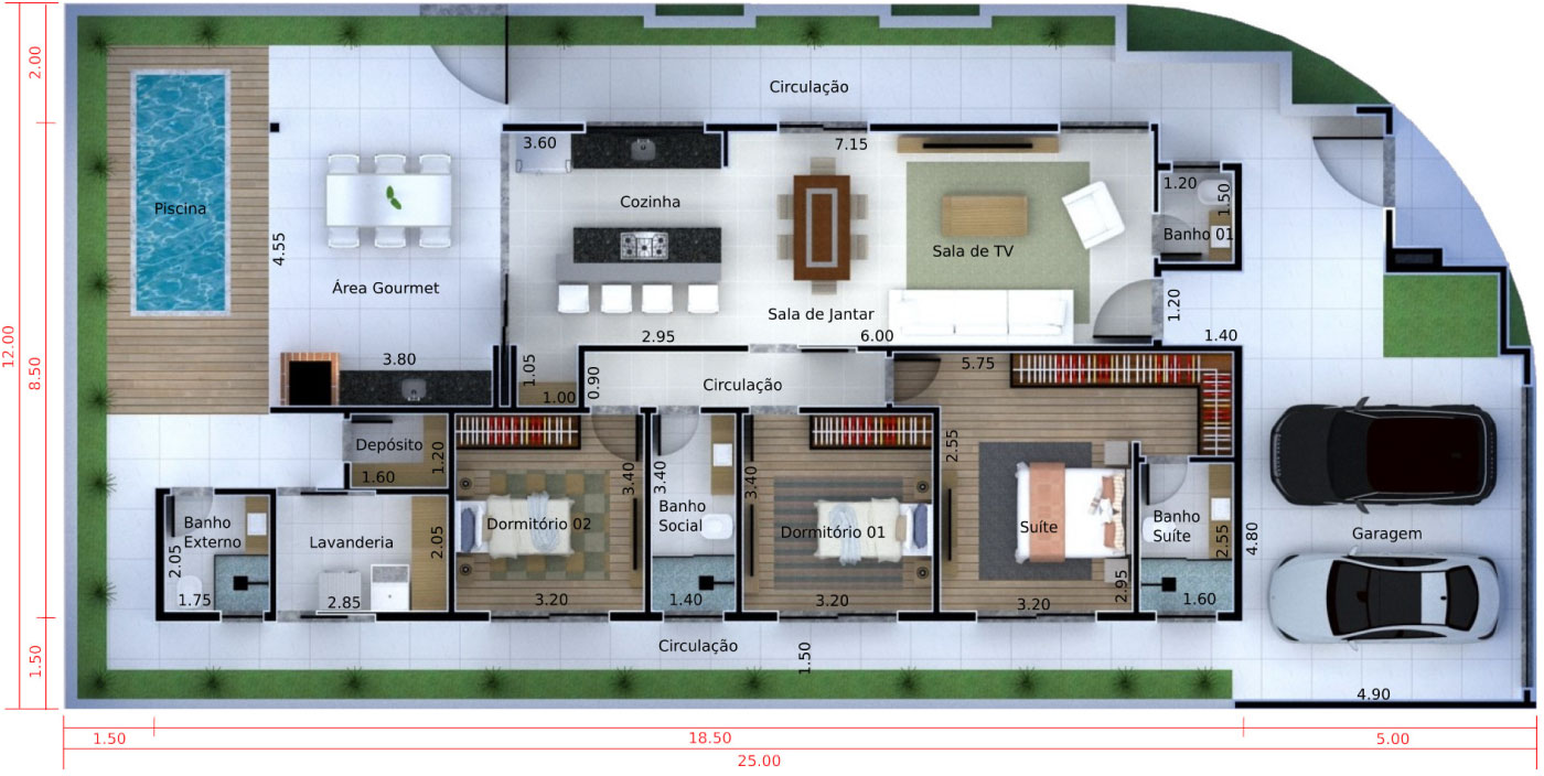 Corner house plan with gate and wall12x25