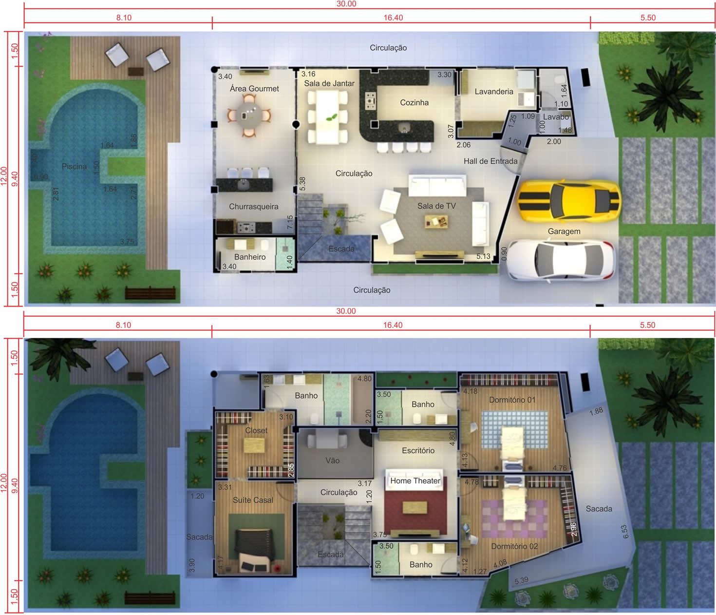 Contemporary floor plan with 3 suites12x30