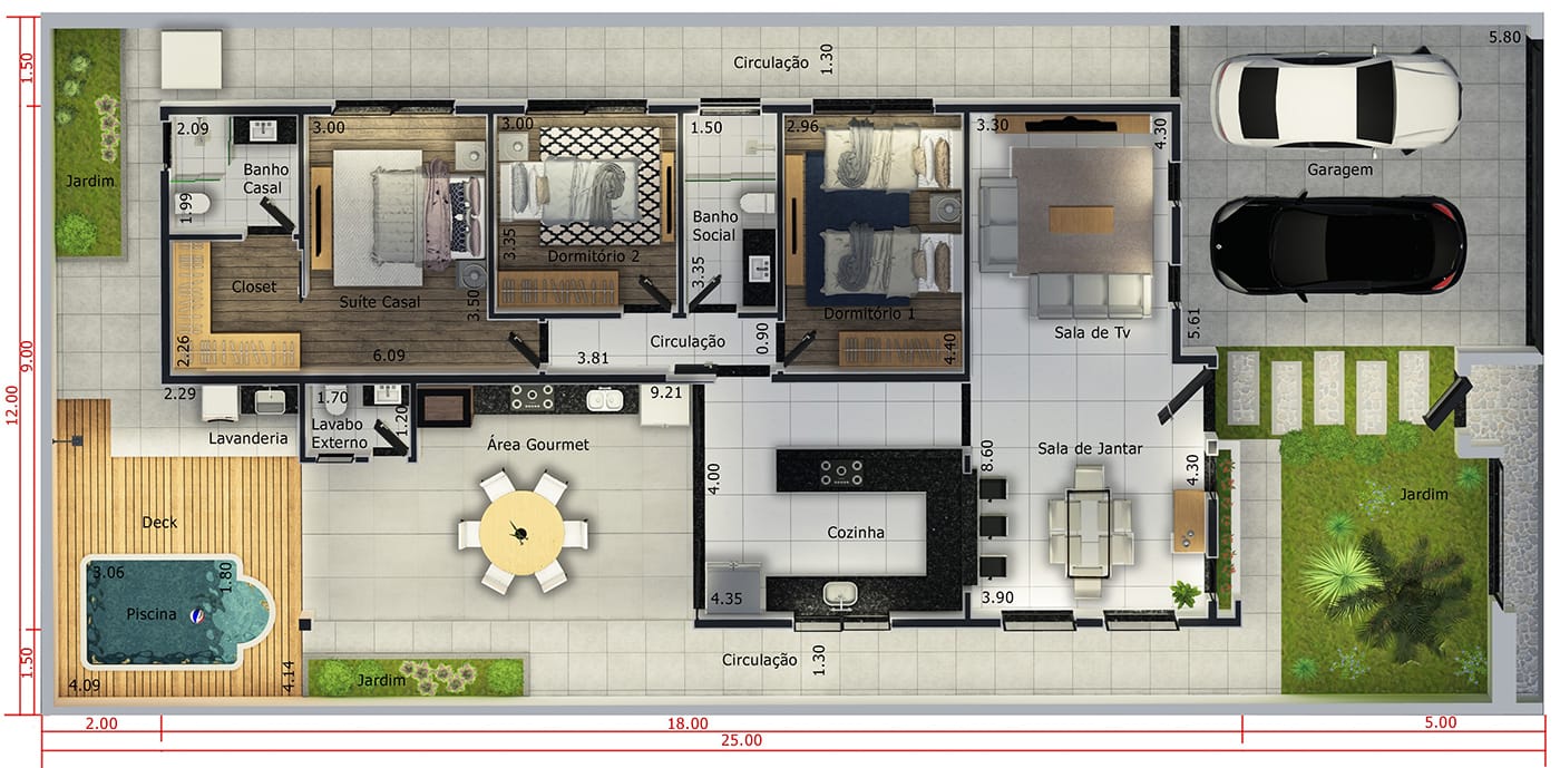 House plan with 2 bedrooms and 1 suite12x25
