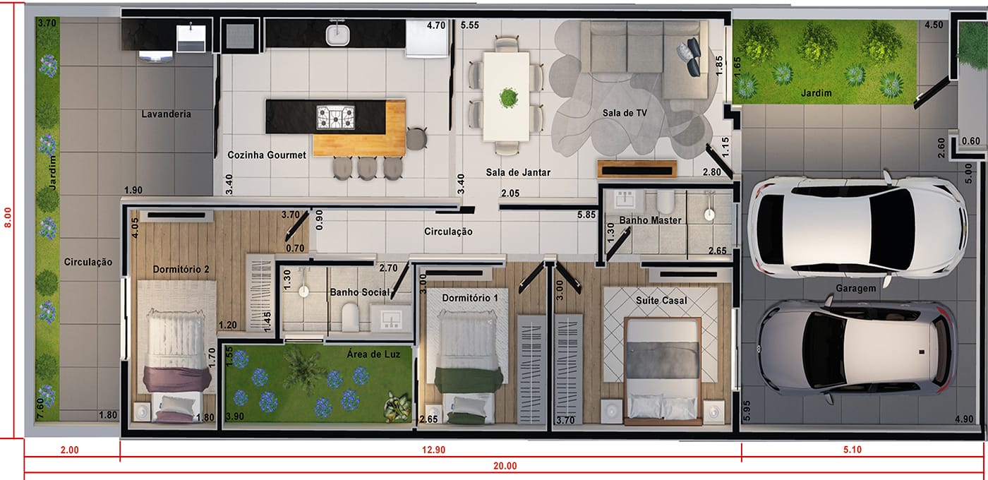 Ground floor house with 3 bedrooms8x20
