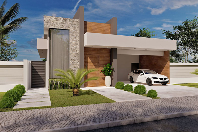 Design with wood and stone facade