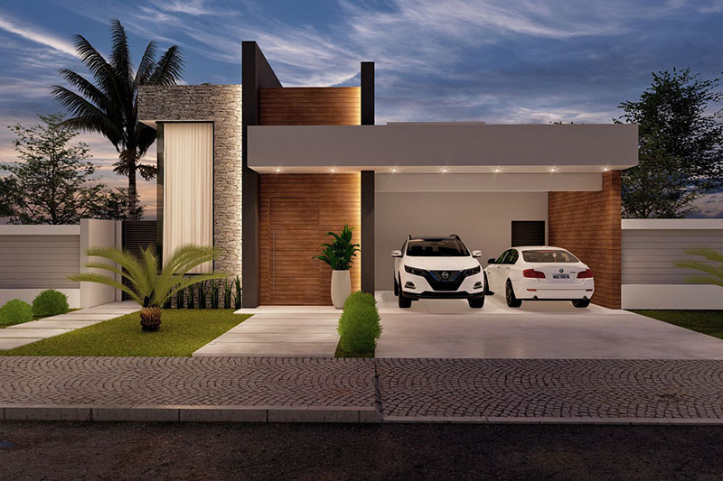 Design with wood and stone facade