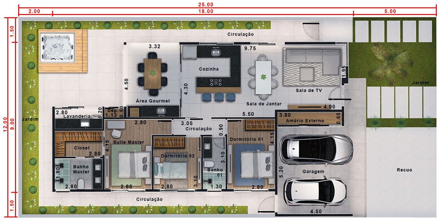 Ground floor house plan with hot tub12x25
