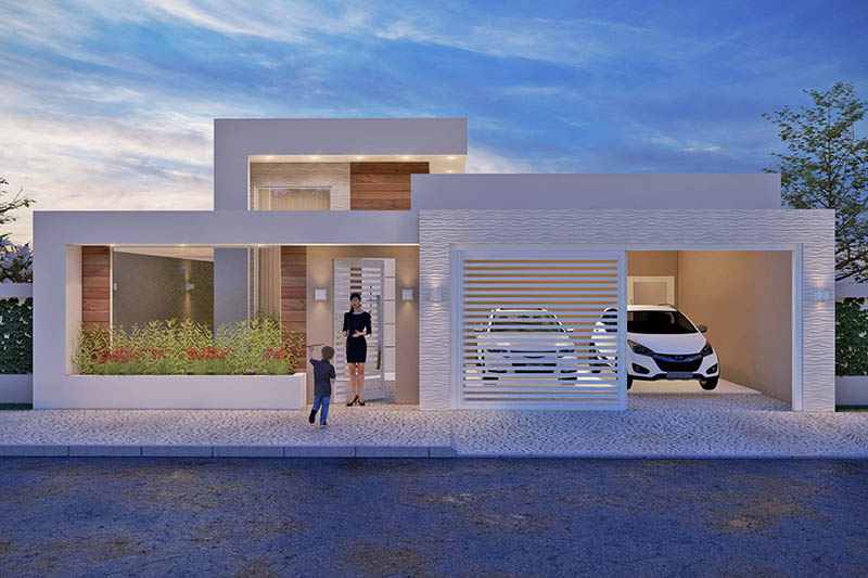 Single storey house with glass wall