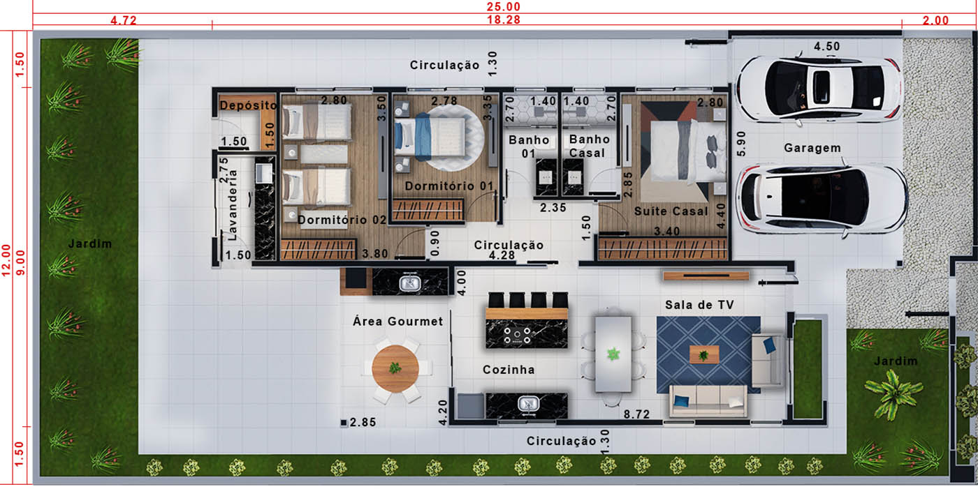 Single storey house with glass wall12x25