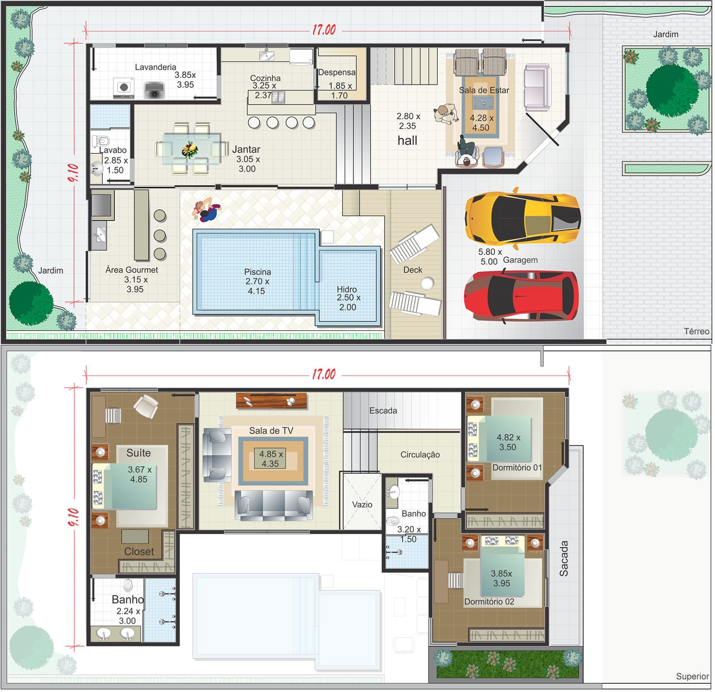 Floor plan in L with swimming pool12x25