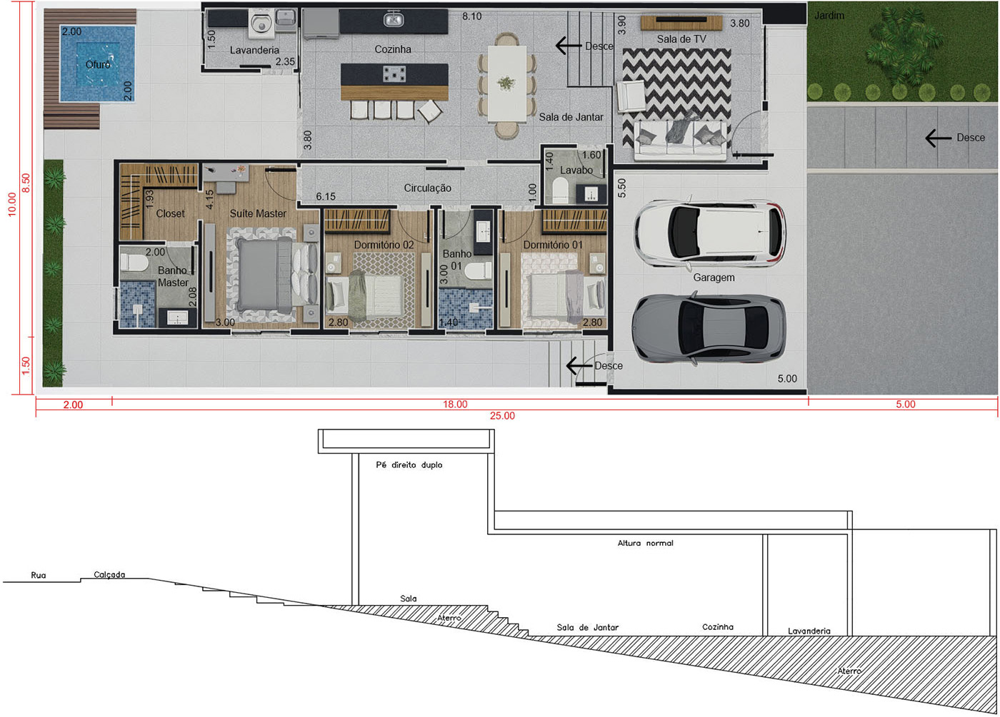 Sloping ground floor house plan10x25