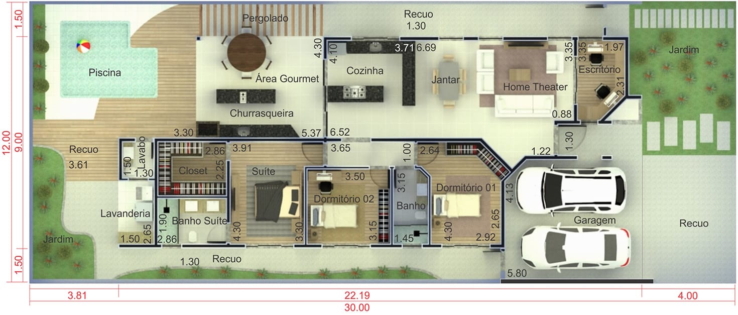 Ground floor house plan with gourmet area12x30