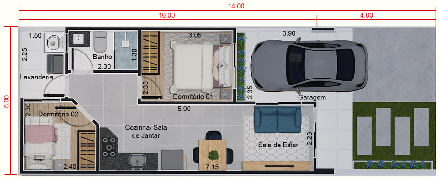 50m² single storey house5x14
