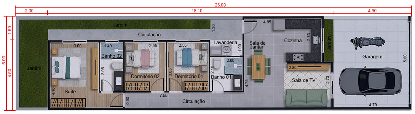 100m² floor plan with suite6x25