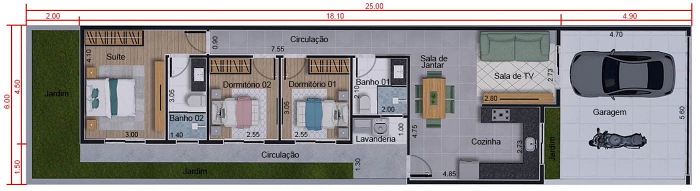 100m² floor plan with suite6x25