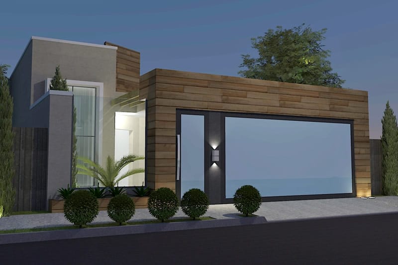 House plan with wooden facade