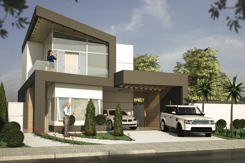 Two-storey house with wooden pergola