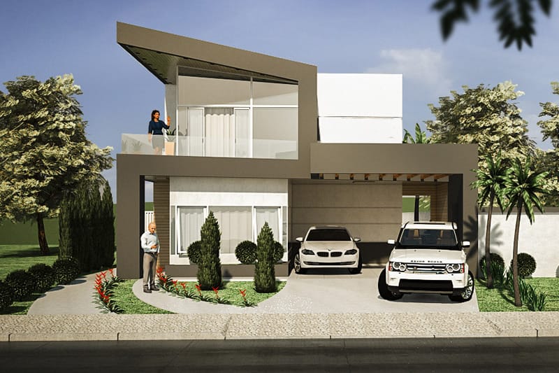 Two-storey house with wooden pergola