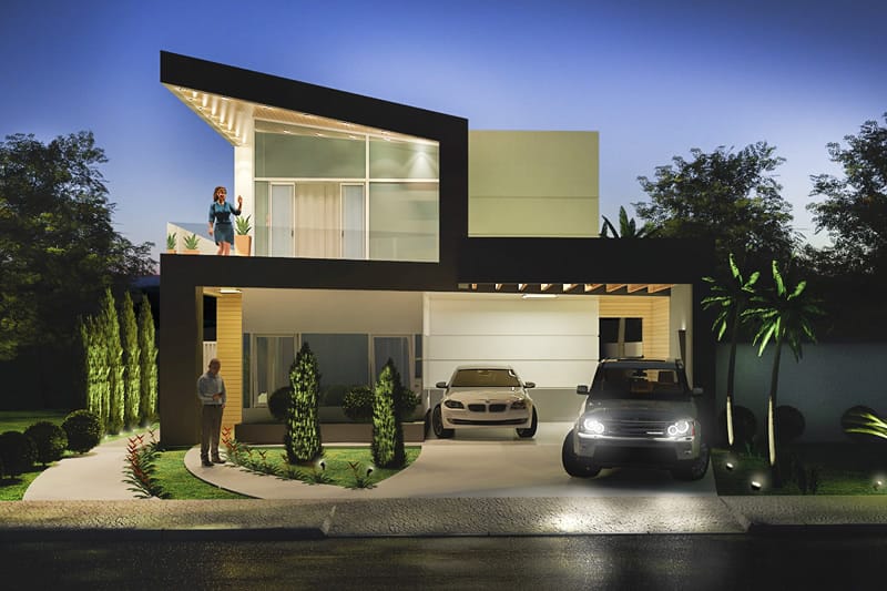 Two-storey house with wooden pergola