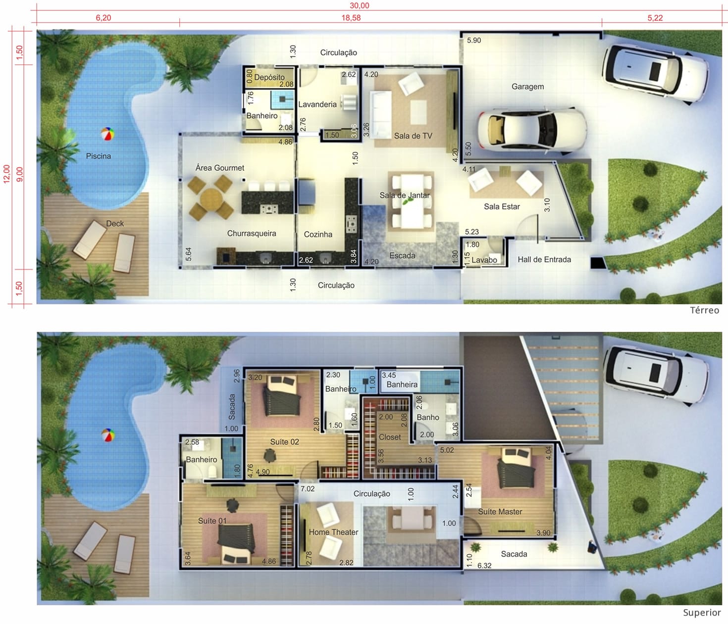 Two-storey house with wooden pergola12x30