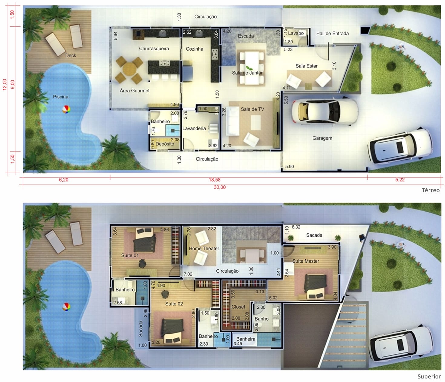 Two-storey house with wooden pergola12x30