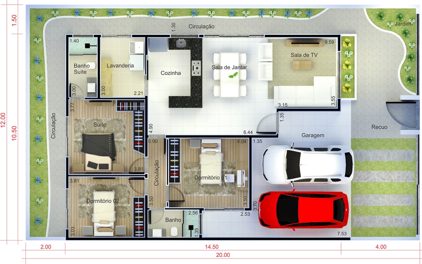 Single storey house with garage for two cars12x20