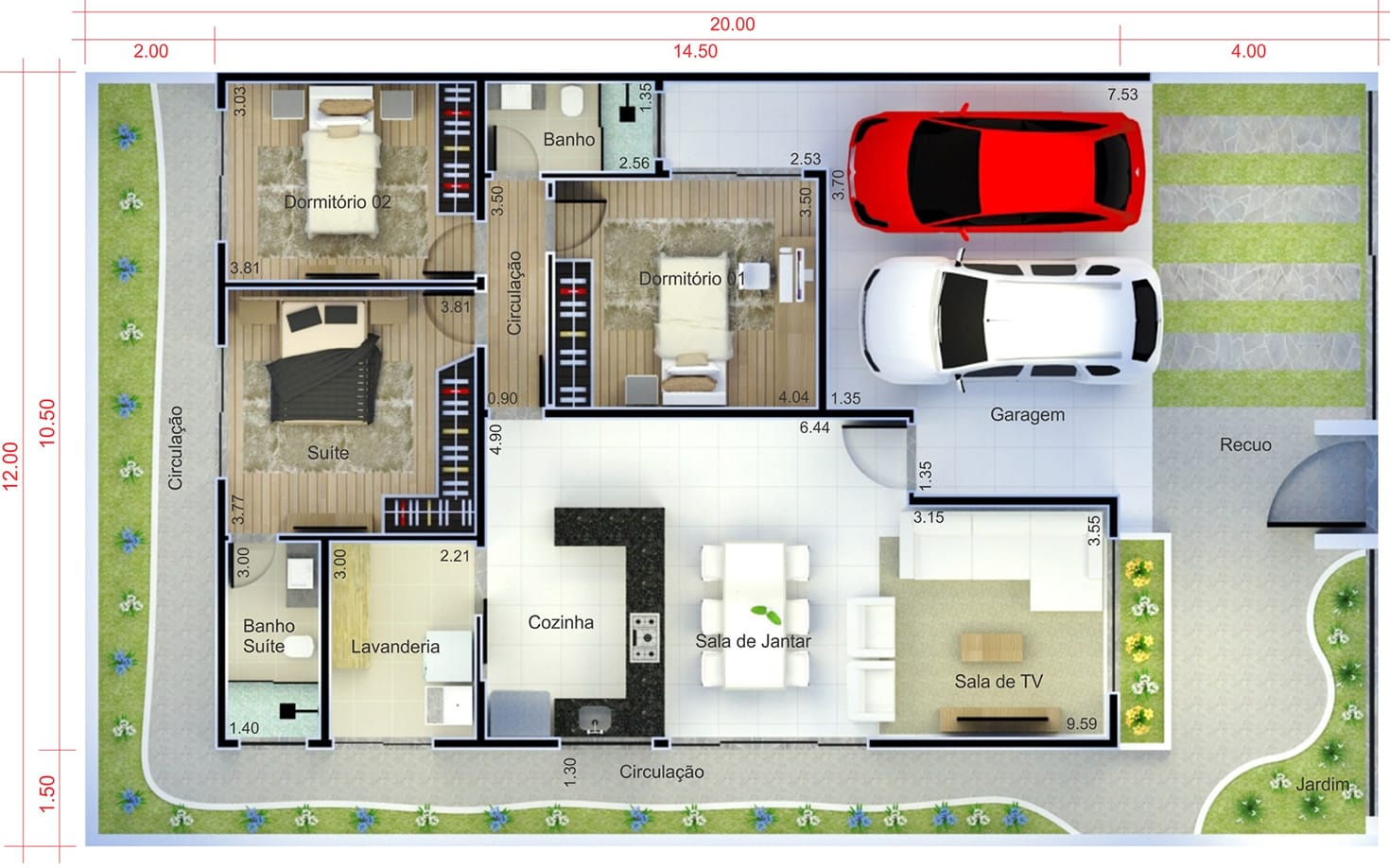 Single storey house with garage for two cars12x20