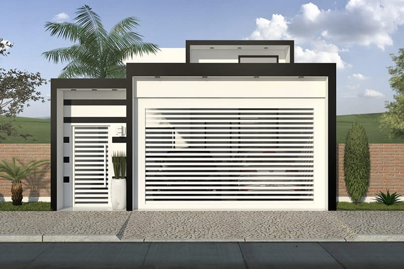 House plan with black and white facade