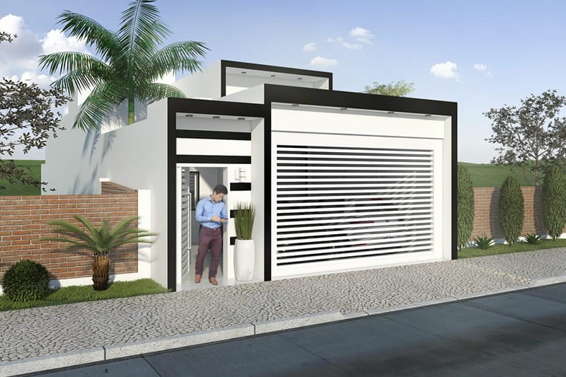 House plan with black and white facade