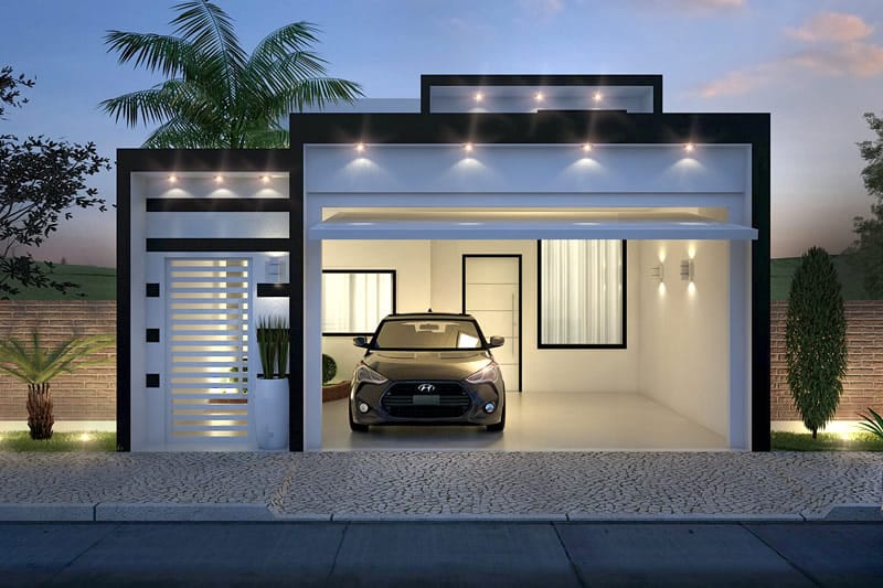 House plan with black and white facade