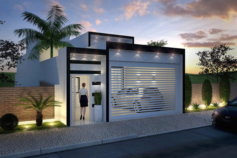 House plan with black and white facade