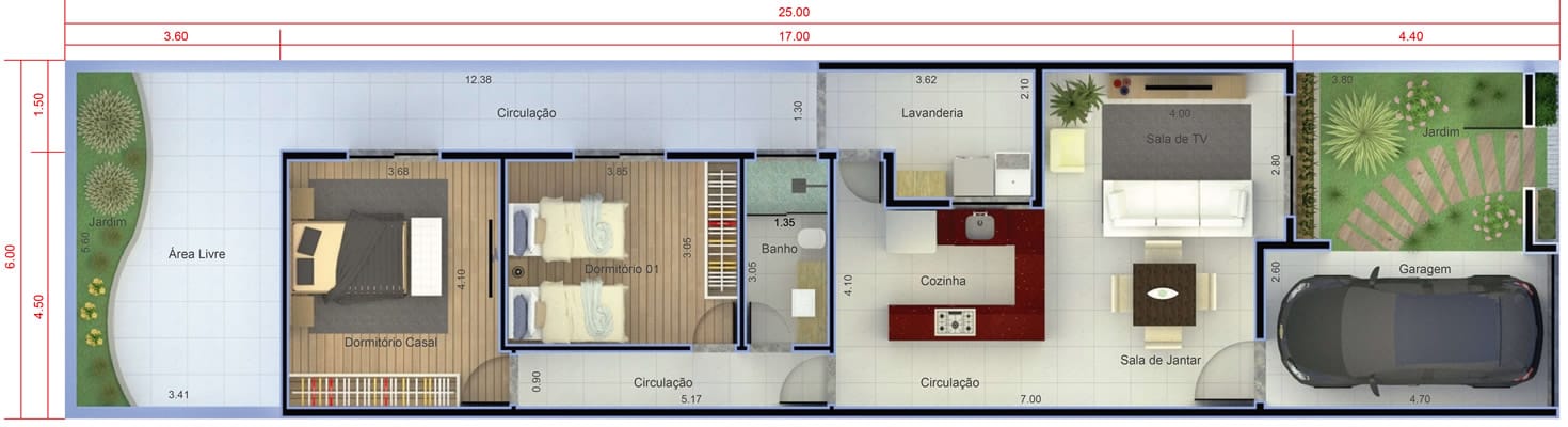 House plan with 2 bedrooms6x25
