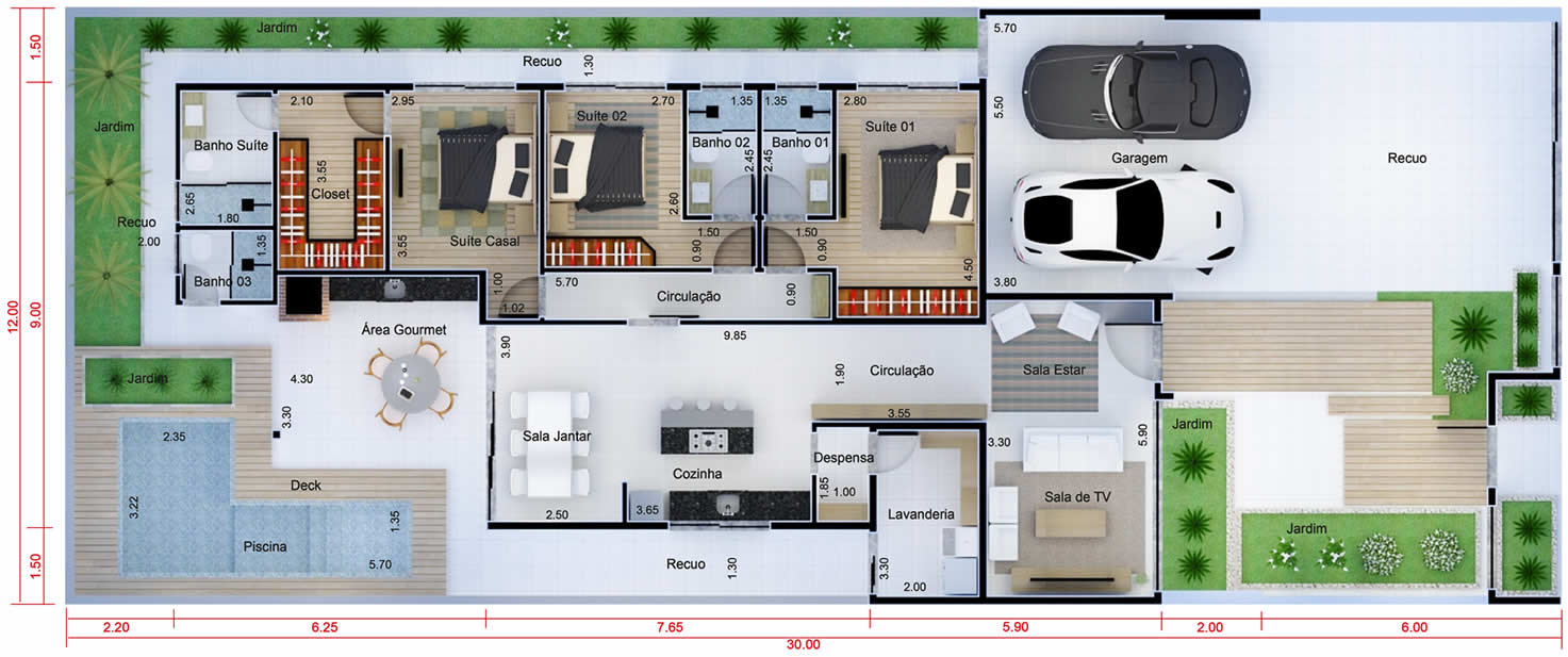 Single storey house with 3 suites12x30