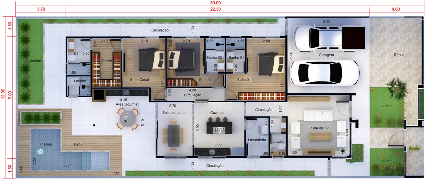 Single storey house with 3 suites12x30