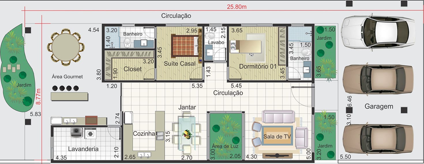 House plan with 3 parking spaces10,50x25,80