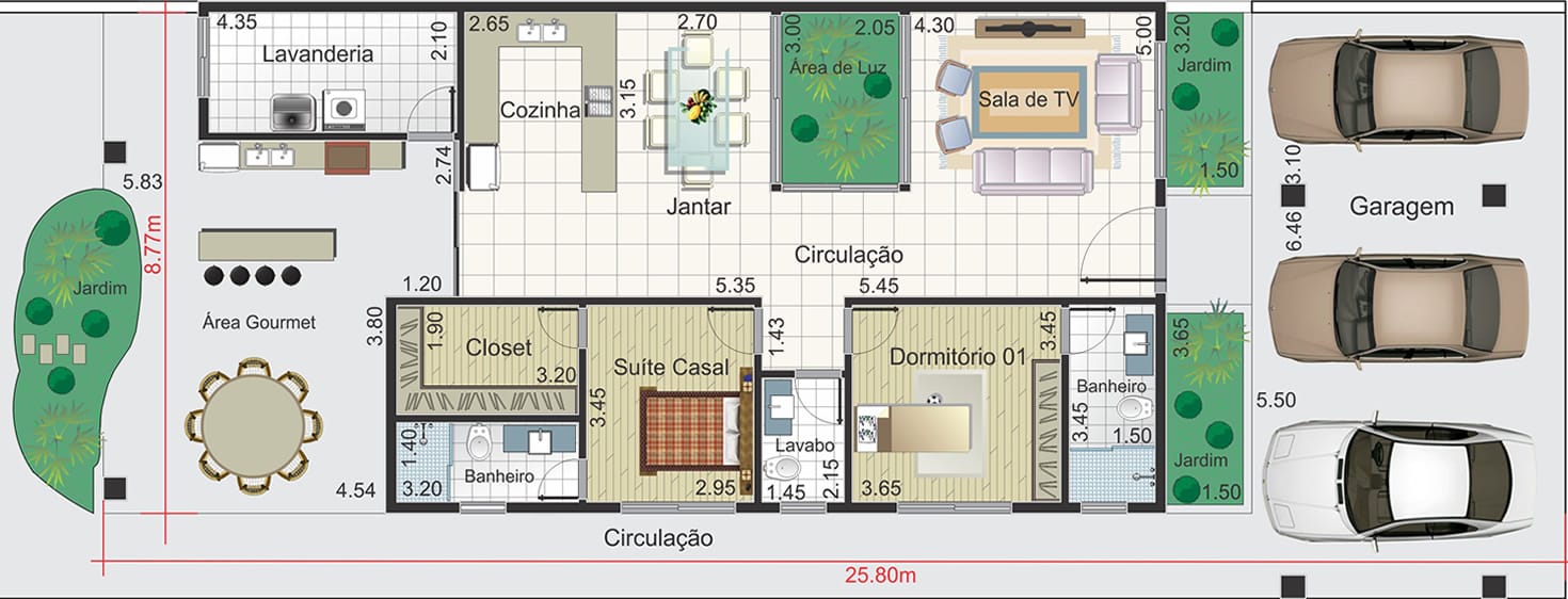House plan with 3 parking spaces10,50x25,80